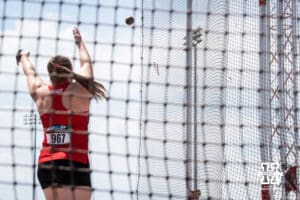 Nebraska Cornhusker Hillevi Carlsson lets go of the hammer during the Big Ten OTF Championships on May 15, 2026, in Lincoln, Nebraska. Photo by Brandon Tiedemann.
