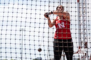Nebraska Cornhusker Harshita Sehrawat starts to spin with the hammer during the Big Ten OTF Championships on May 15, 2026, in Lincoln, Nebraska. Photo by Brandon Tiedemann.