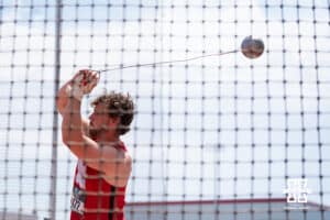 Nebraska Cornhusker Max Herman swings the hammer during the Big Ten OTF Championships on May 15, 2026, in Lincoln, Nebraska. Photo by Brandon Tiedemann.