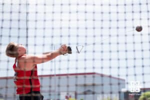 Nebraska Cornhusker Gustav Rydaker throws the hammer during the Big Ten OTF Championships on May 15, 2026, in Lincoln, Nebraska. Photo by Brandon Tiedemann.