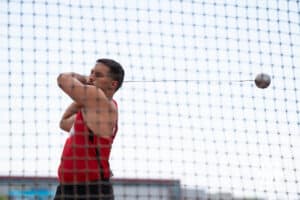 Nebraska Cornhusker Noa Isaia swings the hammer during the Big Ten OTF Championships on May 15, 2026, in Lincoln, Nebraska. Photo by Brandon Tiedemann.