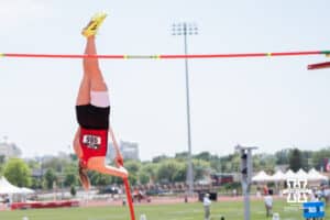 Nebraska Cornhusker Arina Razina competes in the women's pole vault during the Big Ten OTF Championships on May 15, 2026, in Lincoln, Nebraska. Photo by Brandon Tiedemann.