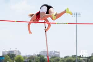 Nebraska Cornhusker Arina Razina clears the bar during the Big Ten OTF Championships on May 15, 2026, in Lincoln, Nebraska. Photo by Brandon Tiedemann.