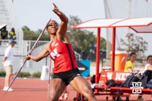 Nebraska Cornhusker Taysha Stubbs throws the javelin during the Big Ten OTF Championships on May 15, 2026, in Lincoln, Nebraska. Photo by Brandon Tiedemann.