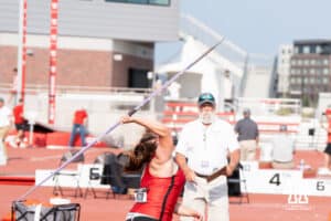 Nebraska Cornhusker Jana Lowka throws the javelin during the Big Ten OTF Championships on May 15, 2026, in Lincoln, Nebraska. Photo by Brandon Tiedemann.