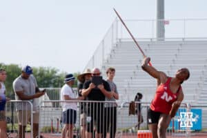 Nebraska Cornhusker Taysha Stubbs throws the javelin during the Big Ten OTF Championships on May 15, 2026, in Lincoln, Nebraska. Photo by Brandon Tiedemann.