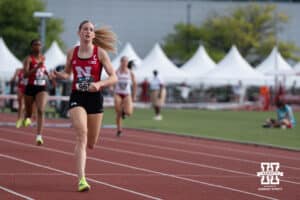 Nebraska Cornhusker Kelsie Belquist crosses the finish line in the women’s 400 hurdles during the Big Ten OTF Championships on May 15, 2026, in Lincoln, Nebraska. Photo by Brandon Tiedemann.
