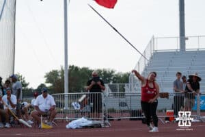 Nebraska Cornhusker Jana Lowka throws the javelin during the Big Ten OTF Championships on May 15, 2026, in Lincoln, Nebraska. Photo by Brandon Tiedemann.