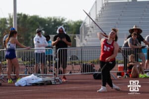 Nebraska Cornhusker Jana Lowka throws the javelin during the Big Ten OTF Championships on May 15, 2026, in Lincoln, Nebraska. Photo by Brandon Tiedemann.
