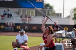 Nebraska Cornhusker Jana Lowka throws the javelin during the Big Ten OTF Championships on May 15, 2026, in Lincoln, Nebraska. Photo by Brandon Tiedemann.