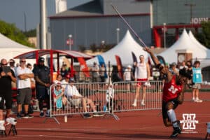 Nebraska Cornhusker Keyshawn Strachan throws the javelin during the Big Ten OTF Championships on May 15, 2026, in Lincoln, Nebraska. Photo by Brandon Tiedemann.