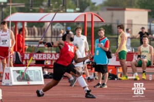 Nebraska Cornhusker Keyshawn Strachan throws the javelin during the Big Ten OTF Championships on May 15, 2026, in Lincoln, Nebraska. Photo by Brandon Tiedemann.