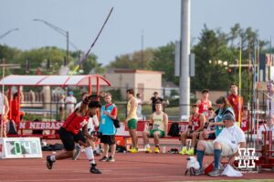 Nebraska Cornhusker Keyshawn Strachan throws the javelin during the Big Ten OTF Championships on May 15, 2026, in Lincoln, Nebraska. Photo by Brandon Tiedemann.