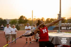 Nebraska Cornhusker Keyshawn Strachan throws the javelin during the Big Ten OTF Championships on May 15, 2026, in Lincoln, Nebraska. Photo by Brandon Tiedemann.