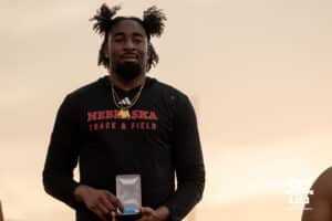 Nebraska Cornhusker Keyshawn Strachan gets first place in the mens javelinduring the Big Ten OTF Championships on May 15, 2026, in Lincoln, Nebraska. Photo by Brandon Tiedemann.