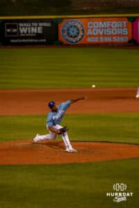 Omaha Storm Chaser Anthony Gose (54) pitching during a minor league baseball game against the Toledo Mud Hens on Tuesday, May 12, 2026, in Omaha, Neb. Photo by Jandi Green.
