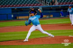 Omaha Storm Chaser Helcris Olivarez (47) pitching during a minor league baseball game against the Toledo Mud Hens on Tuesday, May 12, 2026, in Omaha, Neb. Photo by Jandi Green.