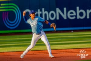 Omaha Storm Chaser Josh Rojas (4) fielding a baseball during a minor league baseball game against the Toledo Mud Hens on Tuesday, May 12, 2026, in Omaha, Neb. Photo by Jandi Green.