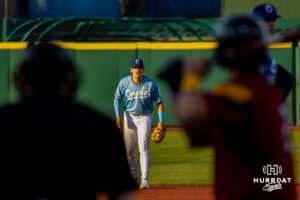 Omaha Storm Chaser Kevin Newman (28) looking at the batter during a minor league baseball game against the Toledo Mud Hens on Tuesday, May 12, 2026, in Omaha, Neb. Photo by Jandi Green.
