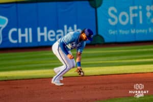 Omaha Storm Chaser Josh Rojas (4) fielding a baseball during a minor league baseball game against the Toledo Mud Hens on Tuesday, May 12, 2026, in Omaha, Neb. Photo by Jandi Green.