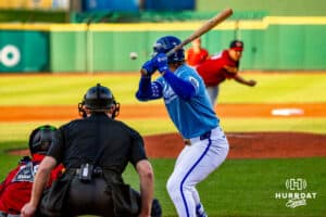 Omaha Storm Chaser John Rave (2) at bat during a minor league baseball game against the Toledo Mud Hens on Tuesday, May 12, 2026, in Omaha, Neb. Photo by Jandi Green.