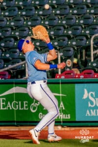 Omaha Storm Chaser Brett Squires (22) catching a baseball during a minor league baseball game against the Toledo Mud Hens on Tuesday, May 12, 2026, in Omaha, Neb. Photo by Jandi Green.