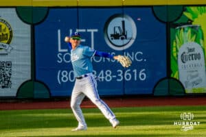 Omaha Storm Chaser's outfielder throwing a baseball during a minor league baseball game against the Toledo Mud Hens on Tuesday, May 12, 2026, in Omaha, Neb. Photo by Jandi Green.