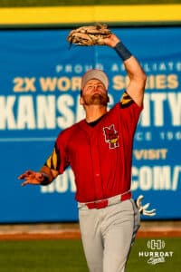 Toledo Mud Hen outfielder catching a baseball during a minor league baseball game against the Omaha Storm Chasers on Tuesday, May 12, 2026, in Omaha, Neb. Photo by Jandi Green.