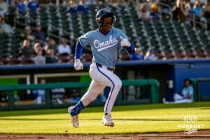 Omaha Storm Chaser Tyler Tolbert (3) running to first base during a minor league baseball game against the Toledo Mud Hens on Tuesday, May 12, 2026, in Omaha, Neb. Photo by Jandi Green.