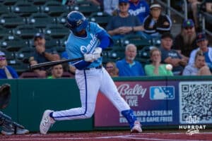 Omaha Storm Chaser Tyler Tolbert (3) hitting a baseball during a minor league baseball game against the Toledo Mud Hens on Tuesday, May 12, 2026, in Omaha, Neb. Photo by Jandi Green.