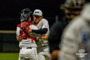 Omaha Maverick Nate Moquin ends the game at the mound during a baseball game at Tal Anderson Field on May 14, 2026 in Omaha Nebraska. Photo by Collin Stilen.