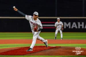 Omaha Maverick Nate Moquin during a baseball game at Tal Anderson Field on May 14, 2026 in Omaha Nebraska. Photo by Collin Stilen.