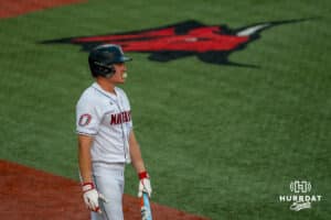Omaha Maverick blows a bubble with his gum during a baseball game at Tal Anderson Field on May 14, 2026 in Omaha Nebraska. Photo by Collin Stilen.