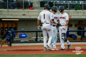 Omaha Mavericks score during a baseball game at Tal Anderson Field on May 14, 2026 in Omaha Nebraska. Photo by Collin Stilen.