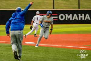 South Dakota State Jackrabbit Keagen Jirschele runs to home during a baseball game at Tal Anderson Field on May 14, 2026 in Omaha Nebraska. Photo by Collin Stilen.