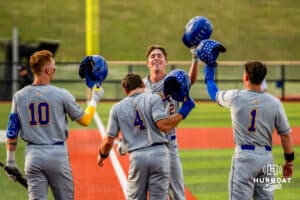 South Dakota State Jackrabbits all score during a baseball game at Tal Anderson Field on May 14, 2026 in Omaha Nebraska. Photo by Collin Stilen.