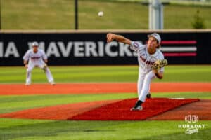 Omaha Maverick Maddox Meyer pitching during a baseball game at Tal Anderson Field on May 14, 2026 in Omaha Nebraska. Photo by Collin Stilen.