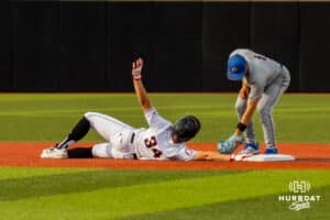 Omaha Maverick Hayden Lewis slides into second base during a baseball game at Tal Anderson Field on May 14, 2026 in Omaha Nebraska. Photo by Collin Stilen.