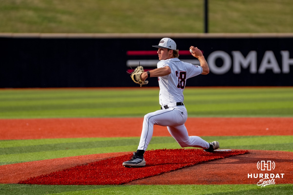 Omaha Maverick Maddox Meyer warms up as the first pitcher during a baseball game at Tal Anderson Field on May 14, 2026 in Omaha Nebraska. Photo by Collin Stilen.