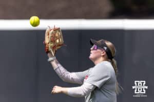 Nebraska Cornhusker outfielder Kacie Hoffmann (14) makes a catch during practice for the first round of the NCAA Championships on Thursday, May 14, 2026, in Lincoln, Neb. Photo by John S. Peterson.
