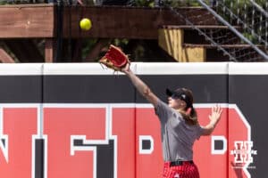 Nebraska Cornhusker outfielder Alina Felix (26) makes a catch during practice for the first round of the NCAA Championships on Thursday, May 14, 2026, in Lincoln, Neb. Photo by John S. Peterson.