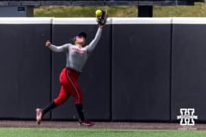 Nebraska Cornhusker Natalia Hill (27) makes a catch during practice for the first round of the NCAA Championships on Thursday, May 14, 2026, in Lincoln, Neb. Photo by John S. Peterson.