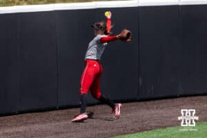 Nebraska Cornhusker pitcher Jordyn Frahm (98) throws a pitch during practice for the first round of the NCAA Championships on Thursday, May 14, 2026, in Lincoln, Neb. Photo by John S. Peterson.