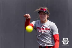 Nebraska Cornhusker pitcher Jordyn Frahm (98) throws a pitch during practice for the first round of the NCAA Championships on Thursday, May 14, 2026, in Lincoln, Neb. Photo by John S. Peterson.