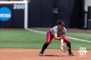 Nebraska Cornhusker infielder Bella Bacon (3) fields the ball during practice for the first round of the NCAA Championships on Thursday, May 14, 2026, in Lincoln, Neb. Photo by John S. Peterson.