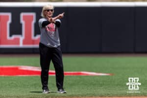 Nebraska Cornhusker head coach Rhonda Revelle giving directions during practice for the first round of the NCAA Championships on Thursday, May 14, 2026, in Lincoln, Neb. Photo by John S. Peterson.