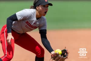 Nebraska Cornhusker utility Samantha Bland (29) reacts catching a ball during practice for the first round of the NCAA Championships on Thursday, May 14, 2026, in Lincoln, Neb. Photo by John S. Peterson