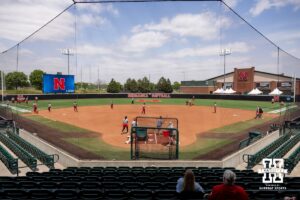 Nebraska Cornhuskers working on drills during practice for the first round of the NCAA Championships on Thursday, May 14, 2026, in Lincoln, Neb. Photo by John S. Peterson.