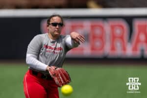 Nebraska Cornhusker starting pitcher Alexis Jensen (99) throws a pitch during practice for the first round of the NCAA Championships on Thursday, May 14, 2026, in Lincoln, Neb. Photo by John S. Peterson.