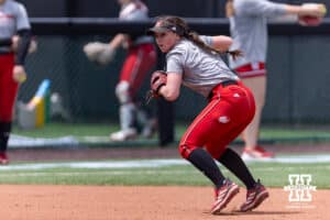 Nebraska Cornhusker infielder Ava Kuszak (7) looks to throw to first during practice for the first round of the NCAA Championships on Thursday, May 14, 2026, in Lincoln, Neb. Photo by John S. Peterson.